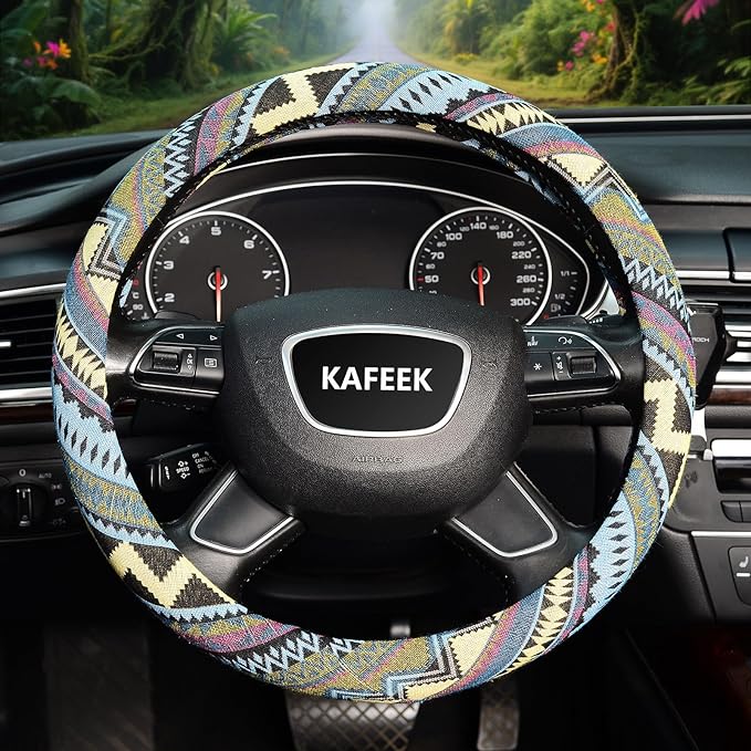 KAFEEK Boho Steering Wheel Cover for Men Women,Ethnic Style, Breathable, Anit-Slip, Car Steering Wheel Protector Cloth Bohemian Universal Fit 14.5-15 Inch