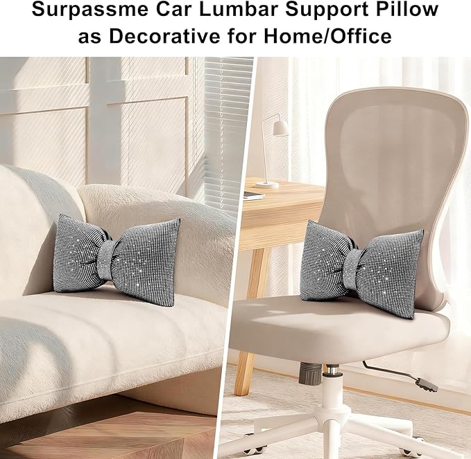 surpassme Rhinestone Lumbar Support Pillow for Car, Bling Back Support Pillow/Cushion Car Accessories for Women(White)