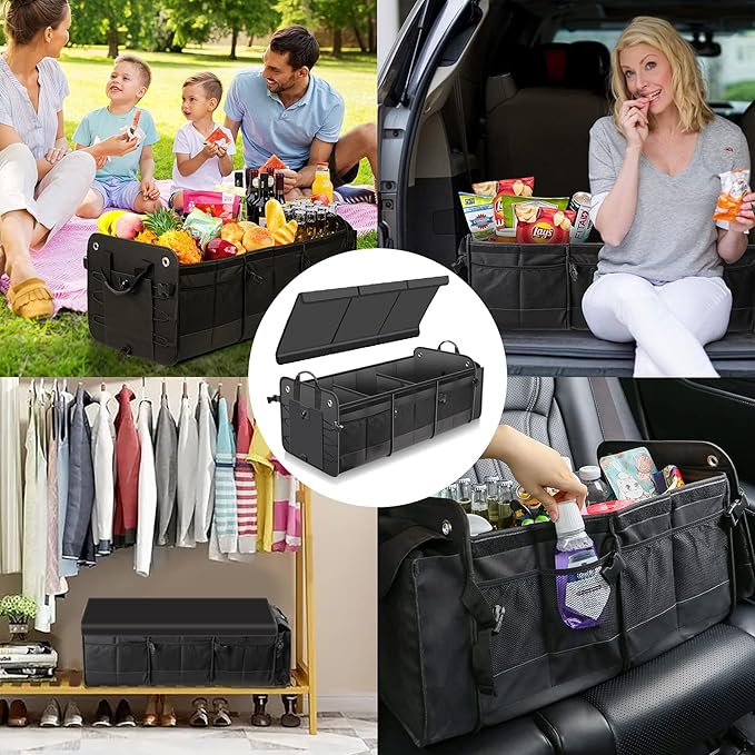 Car Trunk Organizer with Lid & Removable Leakproof Cooler Bag，Foldable Cover,Large Trunk Organizers,Multi-Compartment Collapsible Cargo Storage Organizer for SUV,Van,Truck,Sedan(3 Compartments,Black)