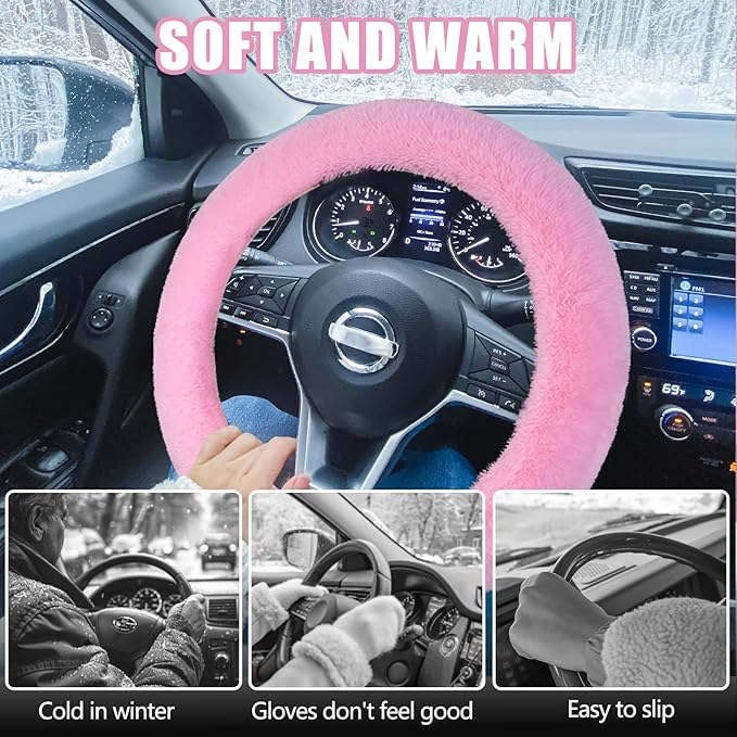 Wuyaoyao Fuzzy Car Steering Wheel Cover, 15'' Soft Auto Steering Wheel Protector for Warm Winter, Elastic Anti-Slip Fluffy Wheel Covers, Universal Car Accessories for Women and Men (Pink)