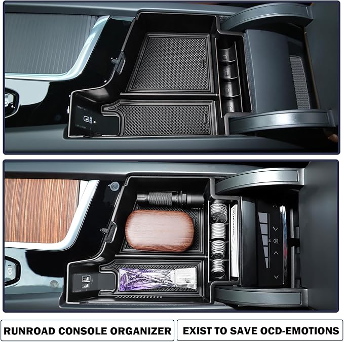 RUNROAD Center Console Organizer Tray Compatible with Volvo XC60 (2018-2025) / XC90 (2021-2024) / S90 S60 (2020-2025) V60 V90 Accessories, Insert Armrest Tray Middle Console Organizer