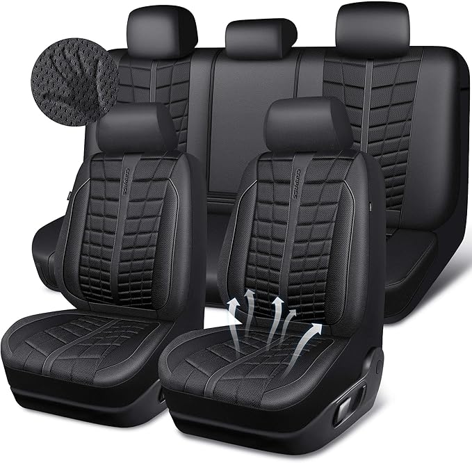 CAR PASS 3D Foam Mesh Leather Car Seat Covers Full Set, Breathable Premium Leather Seat Covers for Car, Anti Slip Universal Fit for Trucks Cars Sedans Vans SUVs, Airbag Compatible, All Black