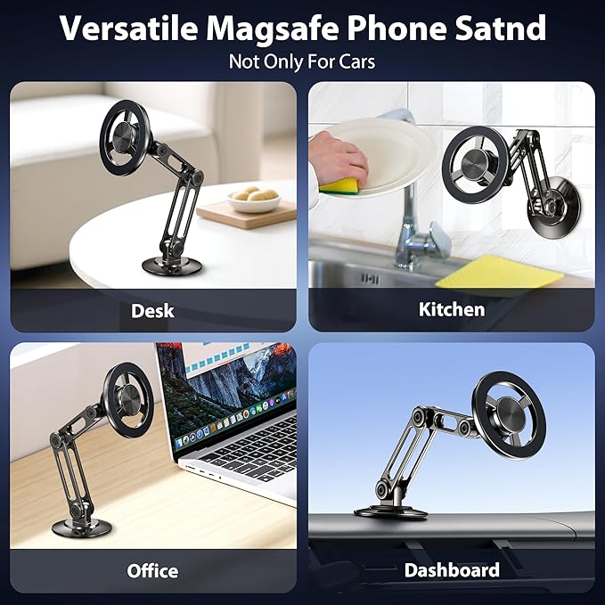 Ultra Magnetic Long-Arm Phone Holder Stand, Fits for MagSafe Car Mount Bracket【Windshield+Vent+Dash】, 360° Rotation Adjustable Strong Magnets Car Mount Desk Office Phone Cradle Holder, Black