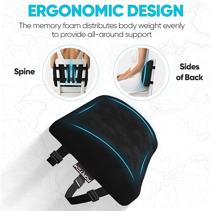 FORTEM Lumbar Support Pillow for Office Chair, Lumbar Support Pillow for Car, Back Rest for Gaming, Memory Foam Pillow, Desk Chair Cushion, Breathable & Washable Cover, Adjustable Straps