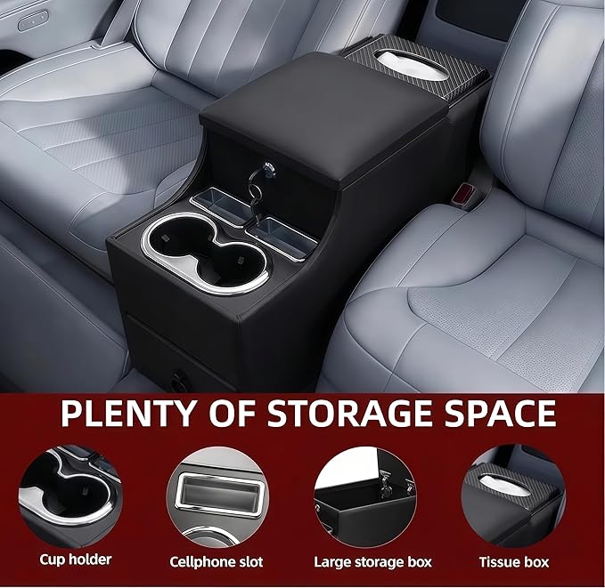 time secret Universal Center Console Between Seat for Minivans, SUVs, Middle Van Console Floor Console Organizer Storage Box (with Locking&Tissue Box Design)