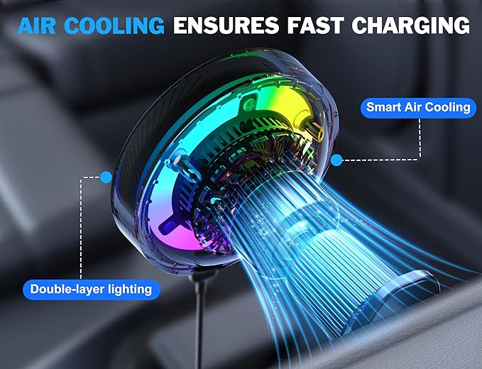 25W MagSafe Compatible Car Mount Charger with Air-Cooled, 3500gf Magnetic Phone Holder for iPhone and Android, Dash Air Vent with Rainbow Ambient Light Valentines Day Gifts