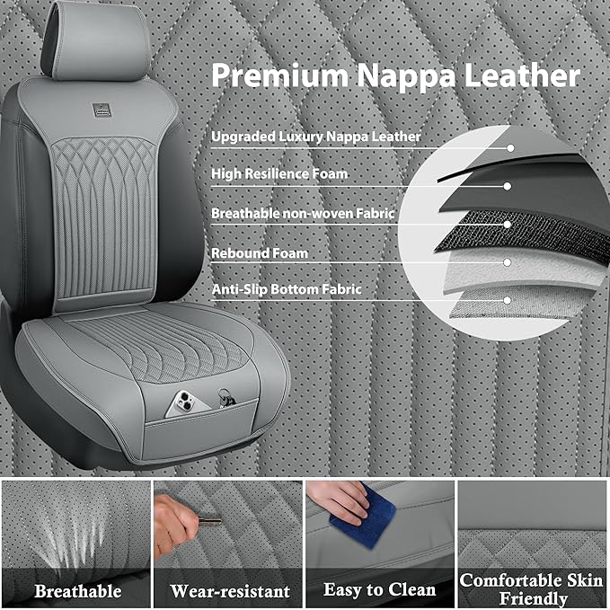CAR PASS Car Seat Protector, 2 Pack Sideless Nappa Leather Seat Covers for Cars, All Season Waterproof Breathable Front Seats Cushion with Storage Pocket Universal Fit Vehicle Car SUV Truck, All Gray