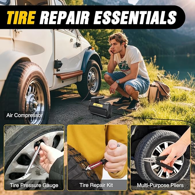 Nilight Car Emergency Kit with Jumper Cable Air Compressor Tire Repair Essential Tools First Aid Alligator Connector Electrical Kit for Travel Camping Outdoor Cars Truck SUV RV