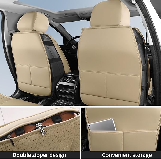 Nappa Leather Car Seat Covers Full Set, Beige Car seat Protector 5 Seats, Waterproof Car Seat Cushion, Universal Automotive Seat Covers Fit for SUV Truck Pick-up Sedan, Front and Rear