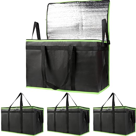 Bodaon 4-Pack Cooler Insulated Food Delivery Bag, Rideshare Delivery Bag, XXX-Large Thermal Bags for Catering/Hot Pizza, Travel/Camping/Picnic/Grocery Reusable Warmer Frozen, Black-Green Edge