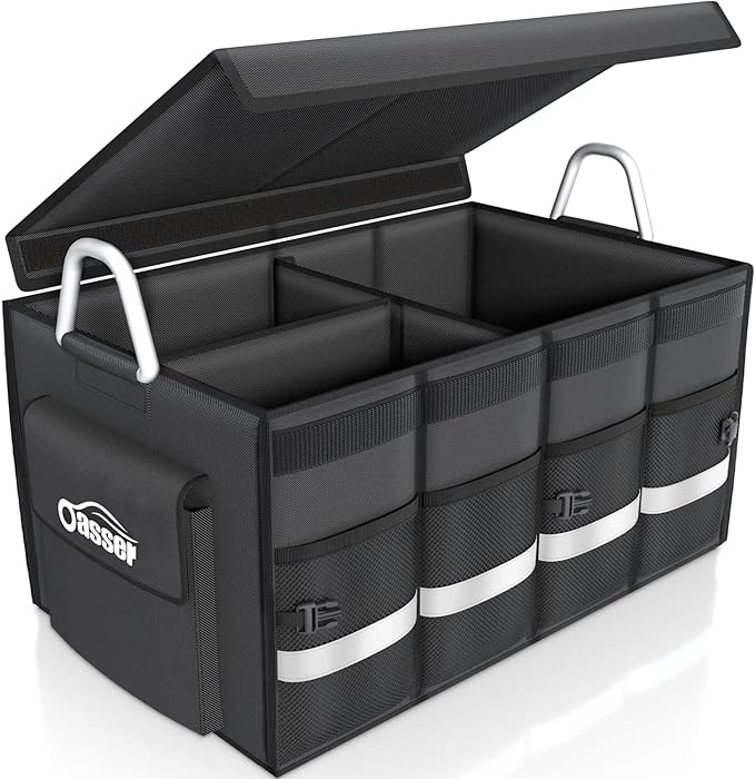 Oasser Trunk Organizer Cargo Organizer Trunk Storage Waterproof Collapsible Durable Multi Compartments with Foldable Hard Cover Aluminium Alloy Handle Reflective Strip (Large, Black)