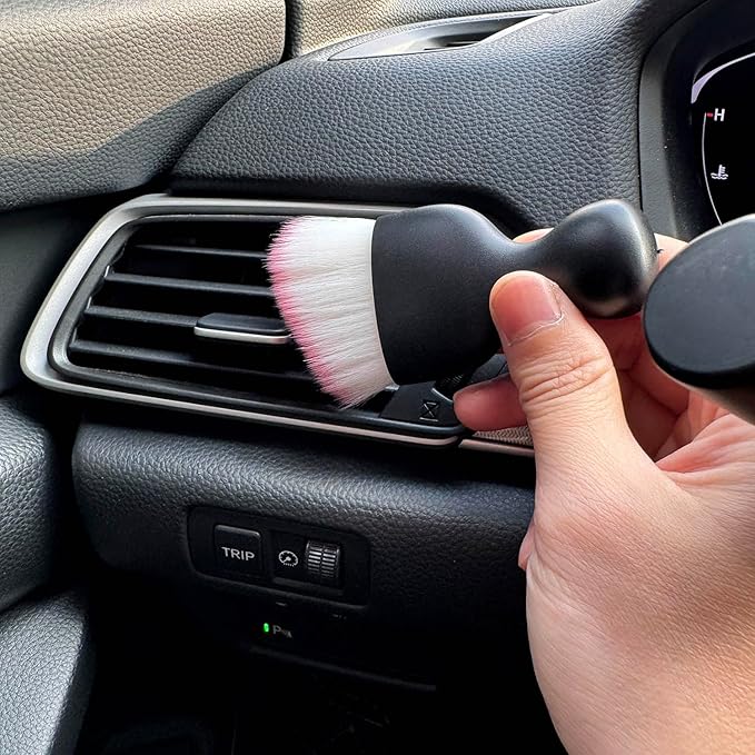 Car Detailing Brush, Soft Bristle Cleaning Brush, Scratch-Free Auto Duster Tool for Dashboard, Air Vents, Leather & Interior Cleaning (Black&Pink)