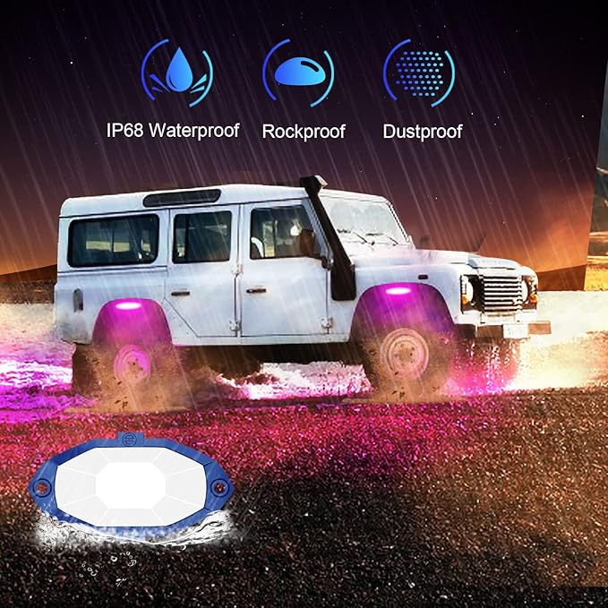 RGB LED Rock Lights, Neon Underglow Kit for Car with App/Remote Control and Voice-Activated Music Mode, 4 Pods Waterproof Car Light Rock Lights for Trucks ATV SUV RZR UTV Boat Motorcycle (Blue)