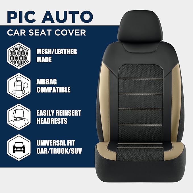 PIC AUTO Car Seat Covers, Premium Leather and Air Mesh Automotive Sports Seat Covers Full Set, Front and Rear Bench, Airbag Compatible Universal Fits Most Cars, SUVs, Trucks and Vans (Black & Beige)