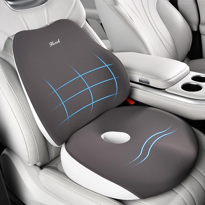 FLORICH Car Seat Cushion and Lumbar Support Pillow, Ergonomic Memory Foam Driving Seat Cushions for Back & Sciatica Pain Relief, Non-Slip Cushion for Car, Office, Truck, Wheelchair, Gaming Chair-Gray