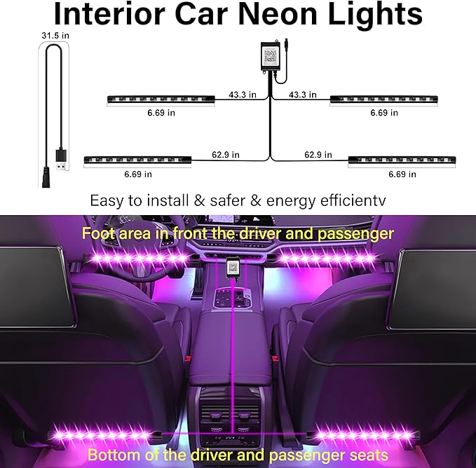 Car Led Lights Interior, Interior Car Lights with USB Adapter, 5V LED Strip Light with Smart APP Remote Control, Sync Music, Color Change Cars Light for Inside, Cars Accessories for Women Men