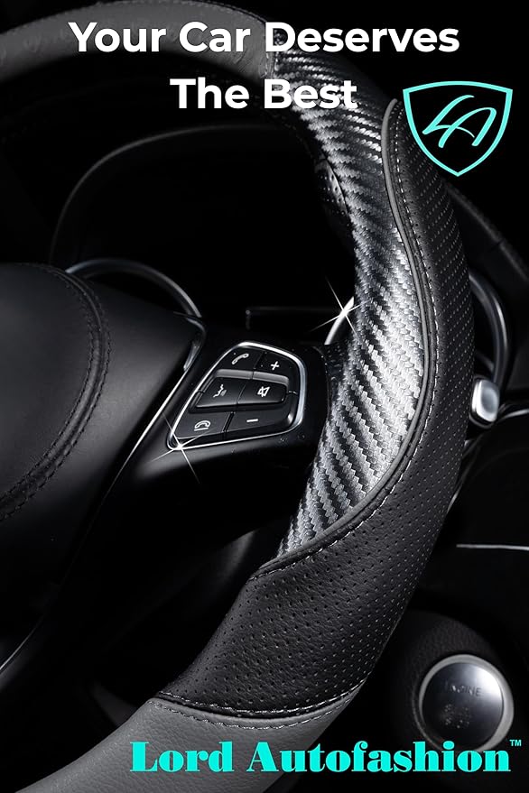 Lord Autofashion Steering Wheel Cover – PU Leather, Non-Slip Rubber Inner, All-Season Comfort – 14.5–15 Inch (Black/Grey 7685)