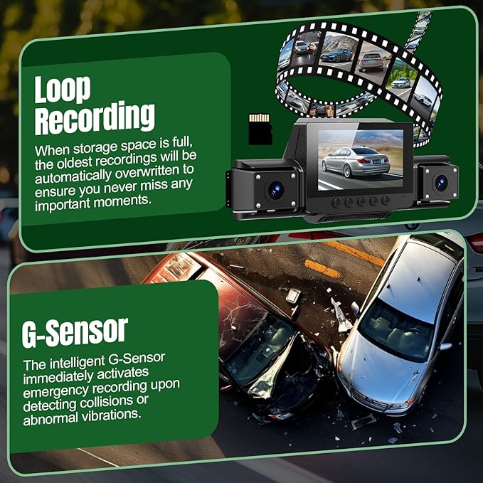 4 Channel Dash Cam,360° All-Around View Front Rear Left Right Inside Car Camera,3" IPS Screen,4-Way Dash Cam with 24H Parking Mode,Built-in GPS,8 IR Night Vision,G-Sensor,Free TF Card Included
