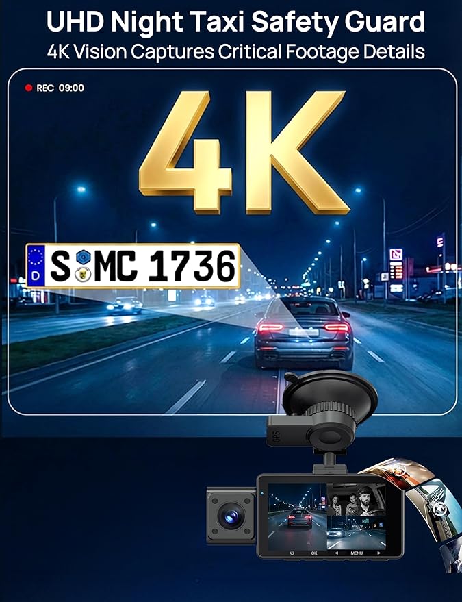 QCONTROL® Rideshare/Taxi True 4K 3-Channel Dash Cam Front and Rear Inside, 4K Front + 1080P IR Inside + 1080P Rear, 6G WiFi App, GPS Speed/Route Timestamp Overlay, 64GB Included