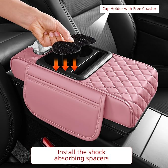 5 in 1 Car Center Console Cover, Armrest Pad with 2 Storage Pockets, Cup Holder, Tissue Box Slot, Phone Holder, Universal Car Interior Organizer (Pink)