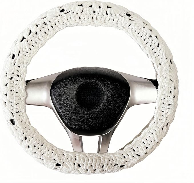 Crochet Steering Wheel Cover, Sunflower Steering Wheel Cover, 14-15 inch, Universal fit, Boho Car Accessories, for Men, Women and Girly, White (A Wheel Cover)