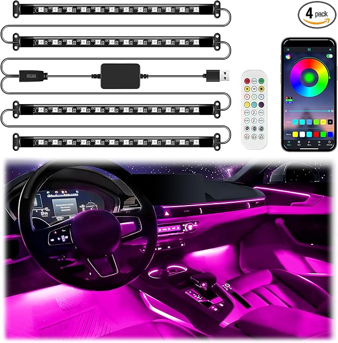 iFunyLED Smart Car Interior LED Lights with App Control, RGB Lights with DIY Mode and Music Mode, 2 Lines Design and Wireless Remote Control, Car Accessories for Women
