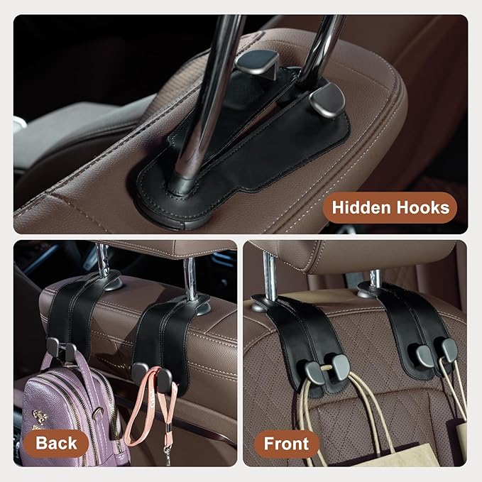 CoBak Purse Hook for Car - Universal Premium Stitched Leather and Aluminum-Magnesium Alloy Double Car Seat Back Storage Hook for Purses, Handbags, Bags (4 Pack),Black