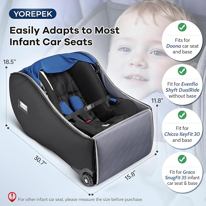 YOREPEK Infant Car Seat Travel Bag Backpack with Wheels, Fits for Doona Car Seat Stroller, Padded Carseat Bags for Air Travel with Shoulder Strap, Car Seat Storage Bag for Airplane with Side Pocket