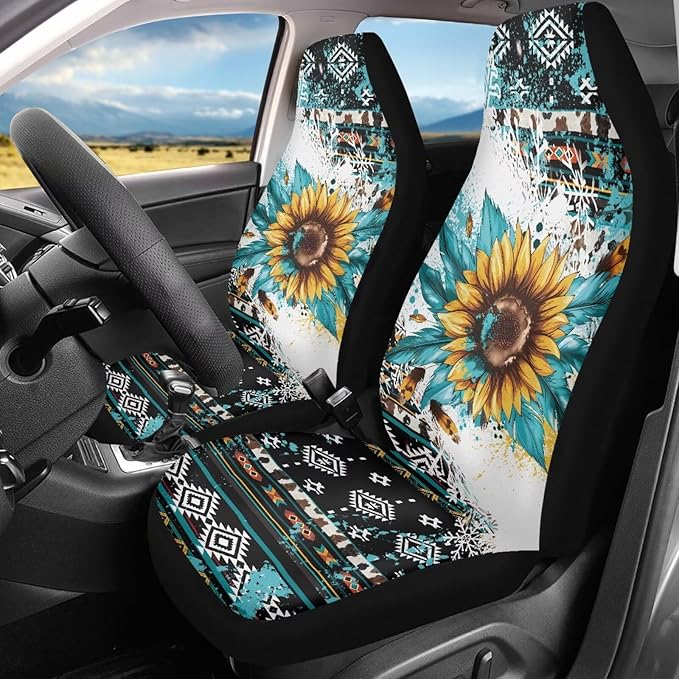 Vatenge Aztec Sunflowers Print Car Seat Cover Front Seats Only Full Set of 2, Universal Bucket High Back Car Front Seat Covers