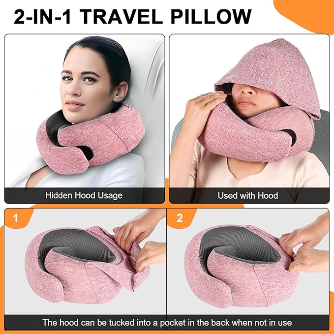 Travel Pillow - Hooded Neck Pillow Airplane Memory Foam Filling for Plane, Cars Sleeping, Road Trip, Long Flights, Portable Plane Accessories, Includes Eye Mask & Earplugs (Red)