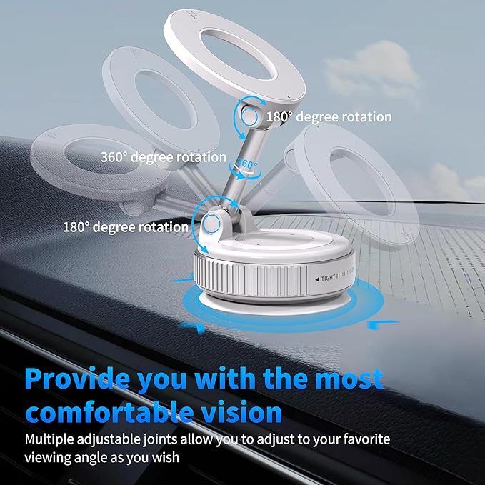 Phone Holders for Your Car, 24 Built-in Strong Magnets & Swivel Suction Cup, Vacuum Suction with Twist-Button Release, Foldable & Reusable for MagSafe & Magnetic Cases, White