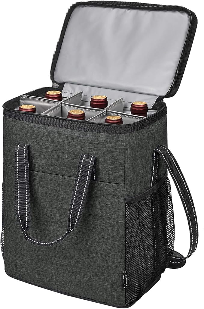 Tirrinia 6 Bottle Wine Gift carrier - Insulated & Padded Wine Carrying Cooler Tote Bag with Handle and Adjustable Shoulder Strap for Travel or Picnic, IDEAL Wine Lover Gift, Black
