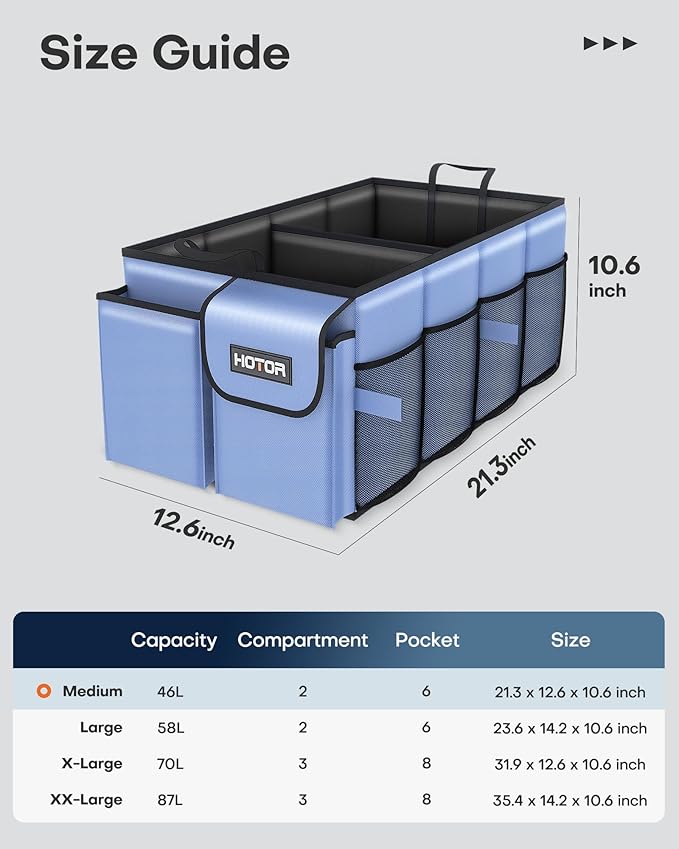 HOTOR Trunk Organizer for Car - Car Organizer, Foldable Trunk organizer for SUVs & Sedans, Sturdy Organization for Car Accessories, Tools, Sundries, Blue, 2 Compartments, 21.3"×12.6"×10.6" | Foldable, Sturdy Organization, for Car Accessories, Tools, Su...