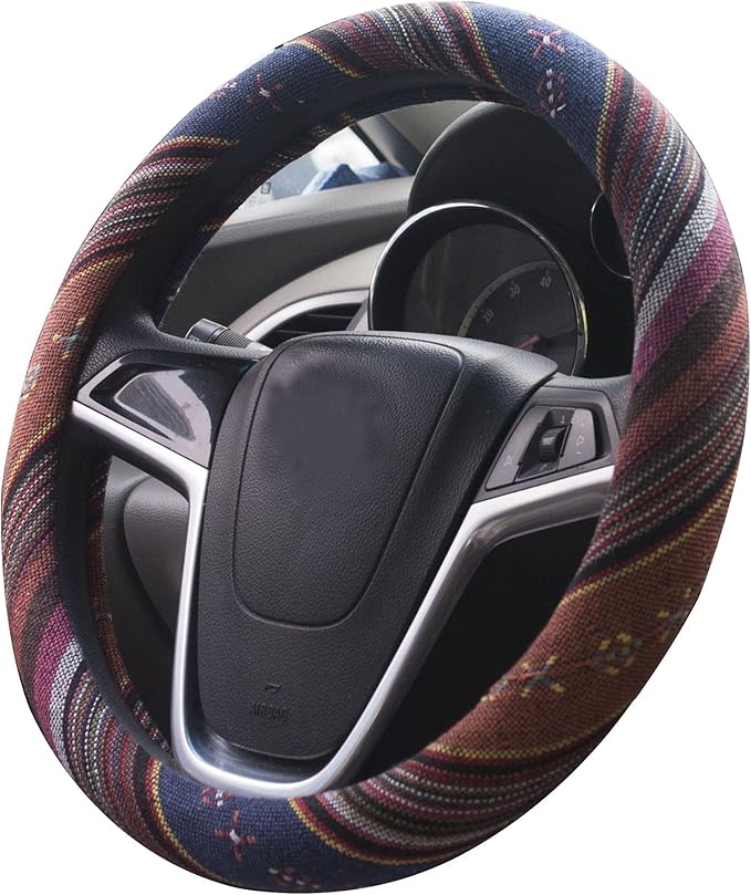 Medium Ethnic Style Coarse Flax Cloth Automotive Steering Wheel Cover Anti Slip and Sweat Absorption Auto Car Wrap Cover (14.5''-15'',F)