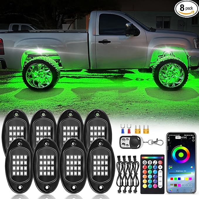 8Pods RGB LED Rock Lights Kit with APP/RF Remote Control Dual Zone Brake, Bright Underglow Multicolor Neon Underbody Light Waterproof 12V for Trucks Pickup Jeep Golf Cart SXS ATV Off Road Vehicles