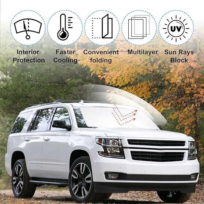 Windshield Sun Shade Custom Fit for 2015 2016 2017 2018 2019 2020 Chevrolet/Chevy Tahoe Accessories Foldable Sunshade Sun Blocker Protect Car from Sun Rays & Heat Damage Keep Car Cooler