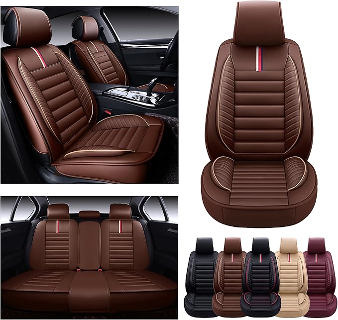 OASIS AUTO Car Seat Covers Full Set Premium Waterproof Faux Leather Cushion Universal Accessories Fit SUV Truck Sedan Automotive Vehicle Auto Interior Protector (OS-001 Brown)