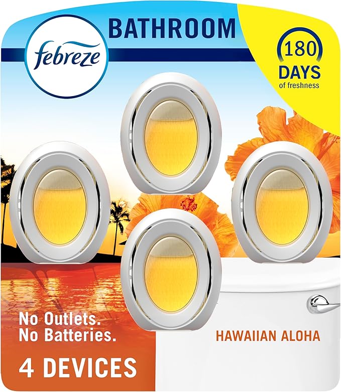 Febreze Bathroom Air Freshener, Odor-Fighting, Plug In Alternative, Air Fresheners for Small Spaces in Home, Bathroom, Kitchen, & Closet, Pet & Litter Box Odor Fighter, Hawaiian Aloha Scent, 4ct