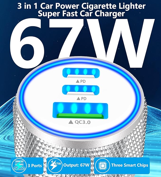 USB C Car Charger, Rombica 3Port 67W Dual USB-C&USB-A Car Power Cigarette Lighter USB Charger Adapter PD/QC Type C Car Charger Fast Charge for iPhone 17 17 Pro 16 15 14 13 12/Galaxy S26 S25/Pixel/iPad