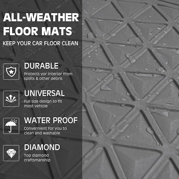 CAR PASS Bling Diamond Car Mats Gray Rubber Floor Mats Full Set Anti-Slip 3D Rhombus Waterproof Trim to Fit Liner Universal Glitter Crystal Sparkly Shining Rhinestone Girl Women SUV Sedan Van All Gray