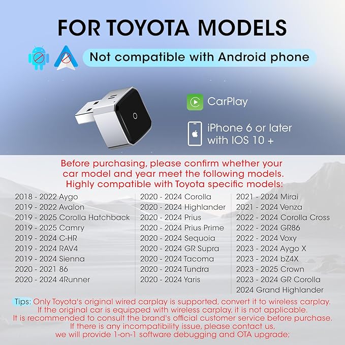 Wireless Carplay Adapter for iPhone, Convert Wired to Apple Carplay Wireless Adapter, Mini Size, Plug and Play, Connection Stable No Delay Car Play for Toyota Specific Models