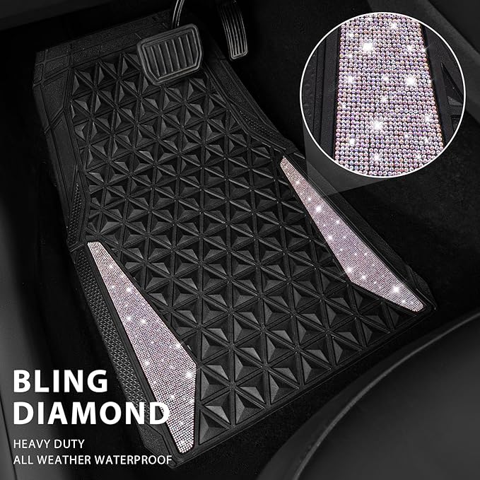 CAR PASS Bling Diamond Car Mats Rubber Floor Mats Full Set Anti-Slip 3D Rhombus Waterproof Trim Fit Liner Universal Glitter Crystal Sparkly Shining Rhinestone Girl Women SUV Sedan, Multicolor Diamond