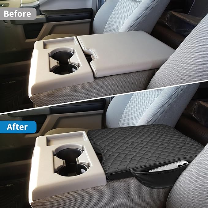 Xaido Center Console Cover Compatible with 2015-2024 2025 Ford F150 & 2017-2025 F250 F350 F450 with 40/20/40 Jump Seat, Leather Armrest Protector Pad with Side Pockets (Jump Seat Only)