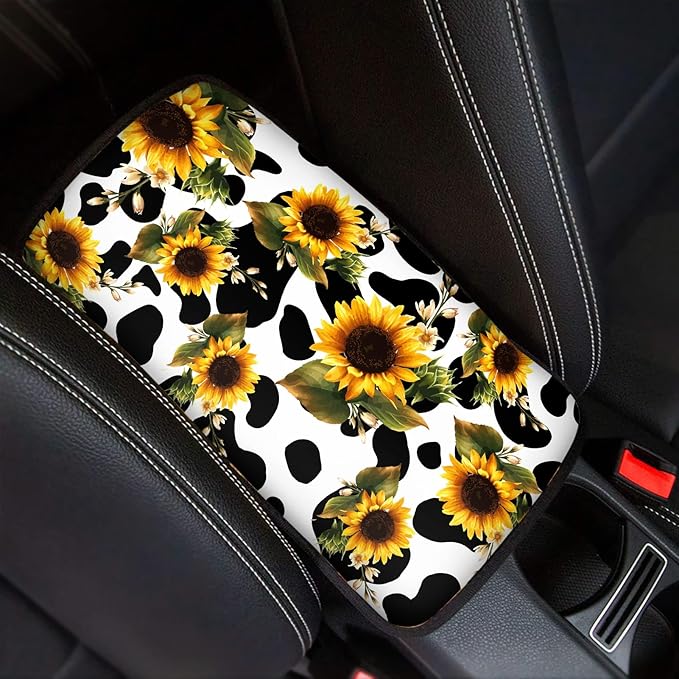 JEOCODY Sunflowers Cow Print Car Center Console Armrest Cover Car Interior Decorative Accessories Universal Fit for Sedan, Truck, SUV
