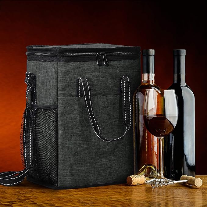 Tirrinia 6 Bottle Wine Gift carrier - Insulated & Padded Wine Carrying Cooler Tote Bag with Handle and Adjustable Shoulder Strap for Travel or Picnic, IDEAL Wine Lover Gift, Black