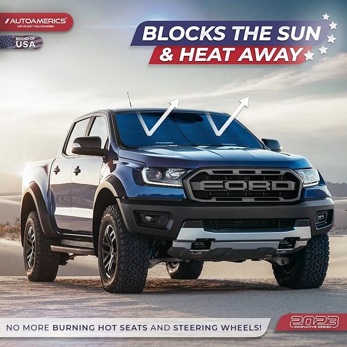 Autoamerics 2-Piece Windshield Sun Shade - Metallic Blue Foldable Car Front Window Sunshade for Most Cars SUV Truck Heat Blocker Visor Protector Blocks Max UV Rays and Keeps Your Vehicle Cool - Medium