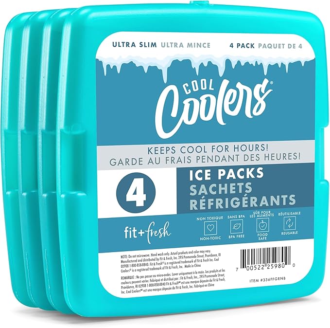 Cool Coolers by Fit & Fresh 4 Pack Slim Ice Packs, Quick Freeze Space Saving Reusable Ice Packs for Lunch Boxes or Coolers, Green