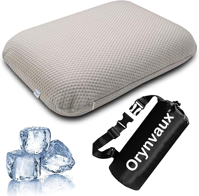 Cooling Camping Pillow, Memory Foam Travel Pillow with Adjustable Buckle Strap & Storage Bag, Compact Small Pillow for Airplane, Car Lumbar, Office, Washable Cooling Cover, Dusk Grey