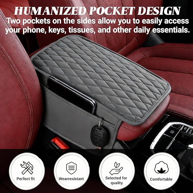 Car Center Console Cover, Upgraded Microfiber Car Armrest Cover Cushion, with 2 Storage Bags Scratch, Resistant Leather Cars Armrest Storage Box Universal Vehicles Accessories (Gray)