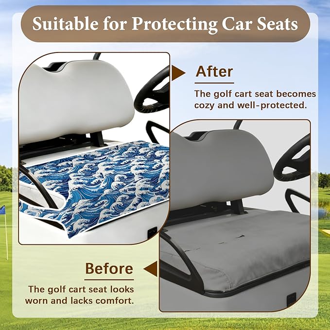 Golf Cart Seat Covers, Blue Golf Cart Seat Towel Blanket Club Car for Golf Lover, Wave Golf Cart Accessories, Keep Seat Comfortable and Cool for 2-Seat Golfs Carts, Gifts for Christmas Thanksgiving